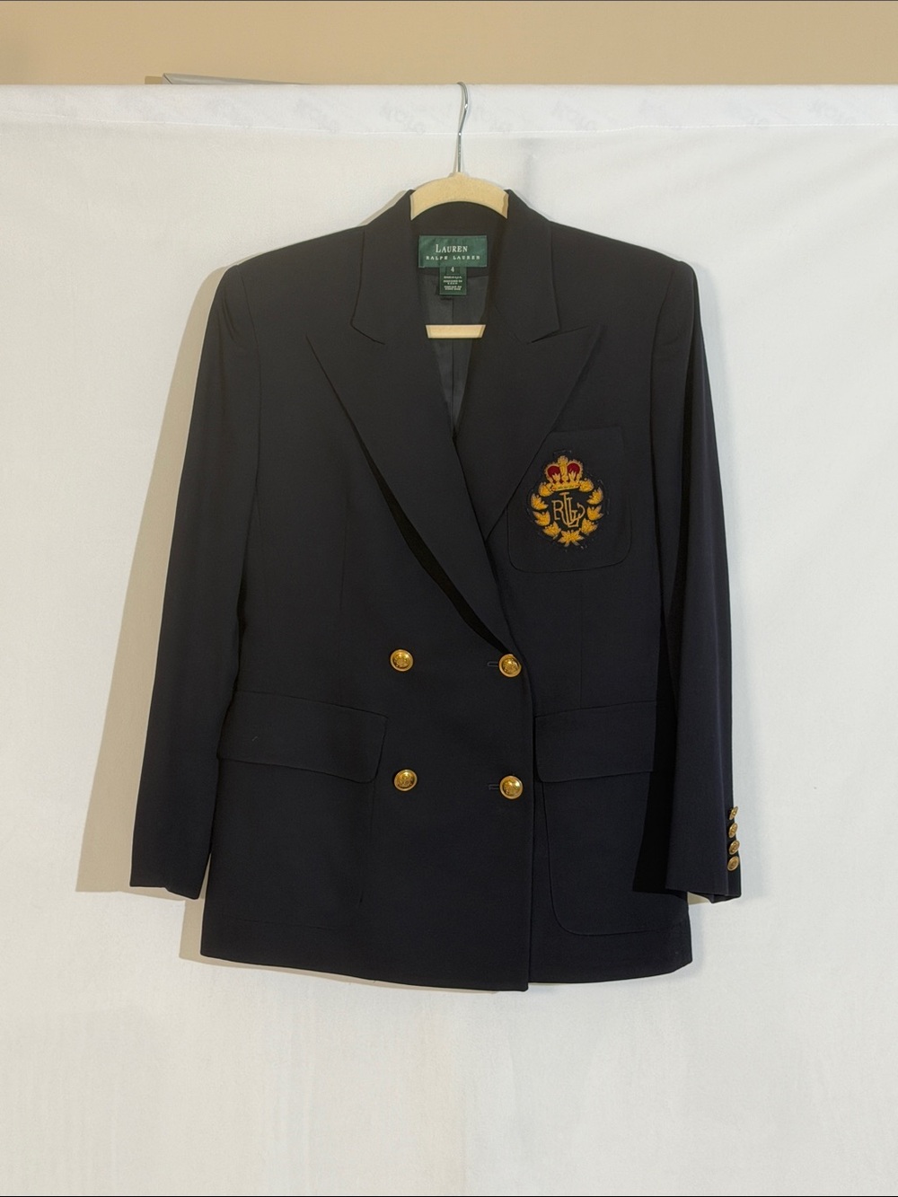 Lauren By Ralph Lauren Navy Wool Blazer Size 4 Ralph Lauren Beaded Crest Emblem